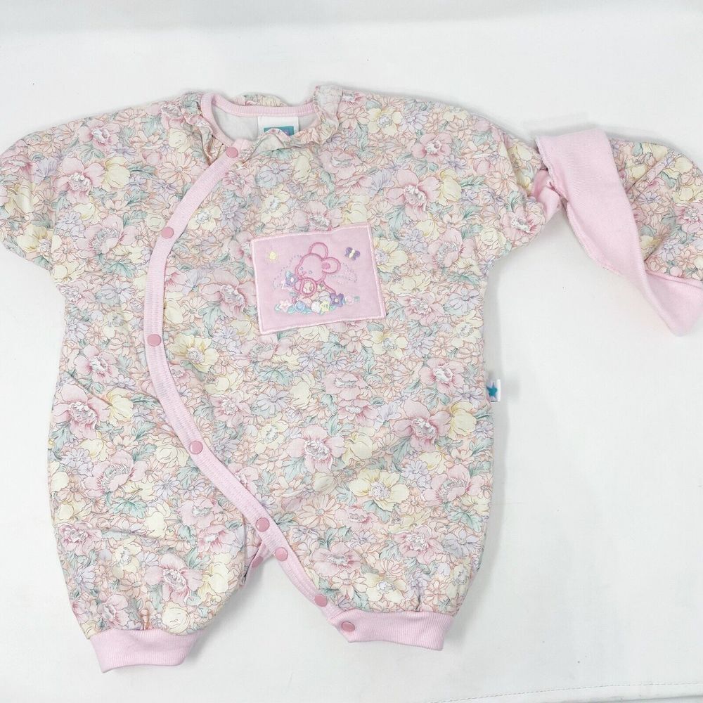 Vintage Little Me Bunny Pastel Romper Hat Baby‎ 3 Months Pink Floral One Piece